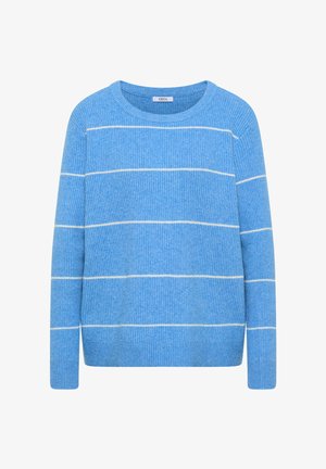 Suéter azul a rayas hecho de tela de punto texturizada. Presenta rayas horizontales blancas y un escote redondo. Mangas largas que se extienden hasta la muñeca.