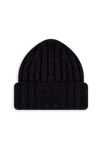 Berretto nero lavorato a maglia con trama a costine verticali e risvolto piegato. Presenta una parte superiore allungata, realizzato in materiale caldo e elasticizzato.