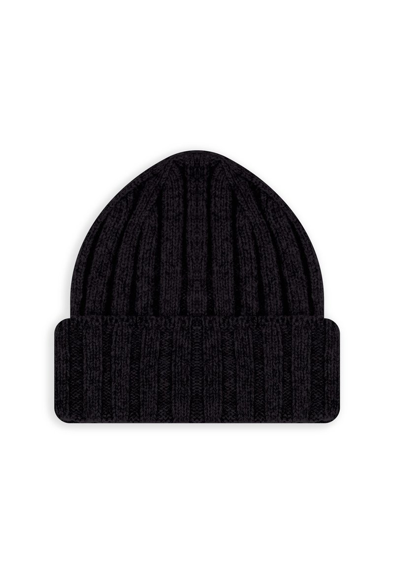 Berretto nero lavorato a maglia con trama a costine verticali e risvolto piegato. Presenta una parte superiore allungata, realizzato in materiale caldo e elasticizzato.