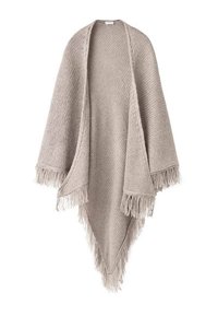 Light gray knitted poncho with fringed edges, triangular shape, open front design, and textured fabric.  Soft, cozy, and lightweight.
