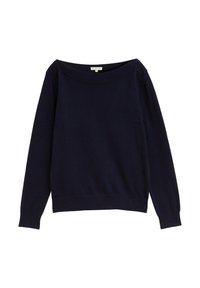 Dunkelmarineblaues Langarmshirt mit weitem Bootsausschnitt und gerippten Bündchen und Saum.