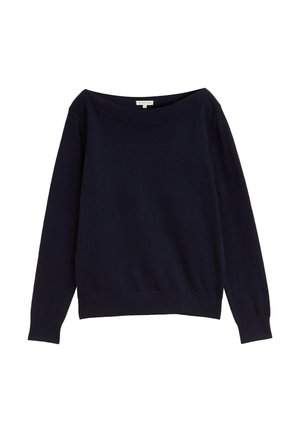 Donker marineblauwe lange mouwen sweater met brede bootkraag en geribbelde manchetten en onderrand.