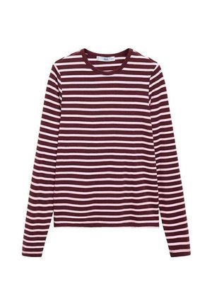 Bordeaux-rot und rosa gestreiftes Langarmshirt mit Rundhalsausschnitt und weichem Baumwollmaterial. Verfügt über gleichmäßige horizontale Streifen und eine lockere Passform.