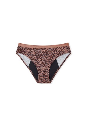Bas de bikini imprimé léopard avec un panneau latéral noir contrastant et une ceinture lisse et texturée de couleur brun clair.