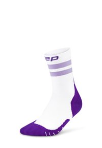 Calza sportiva bianca e viola, con un risvolto a costine, due strisce orizzontali viola e una punta rinforzata in viola.