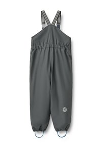 Grijze waterdichte overall met elastische taille, verstelbare gestreepte schouderbanden en blauwe laarzenbevestigingen. Soepele, duurzame textuur.