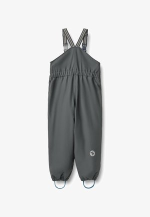 Sivi vodoodporni kombinezon z elastičnim pasom, nastavljivimi črtastimi naramnicami in modrimi priponkami za škornje. Gladek, trpežen tekstura.