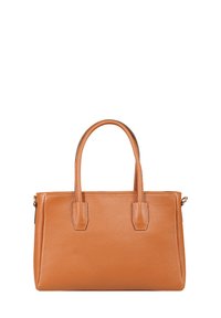Brown leather handbag with two short handles, rectangular shape, textured surface, and subtle stitching details. Features a zipper closure.