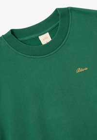 Grüner Sweatshirt aus weichem Stoff, mit einem gerippten Rundhalsausschnitt und einem kleinen goldenen gestickten Logo auf der Brust.