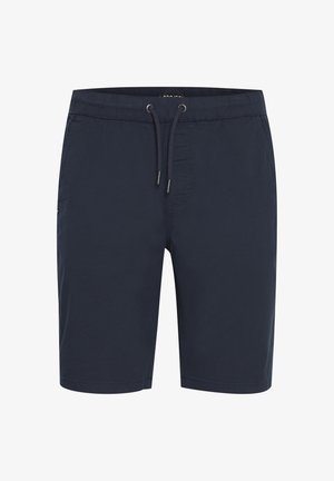 Granatowe szorty kąpielowe z elastycznym pasem, regulowanym sznurkiem, boczną kieszenią i gładkim, lekkim materiałem.