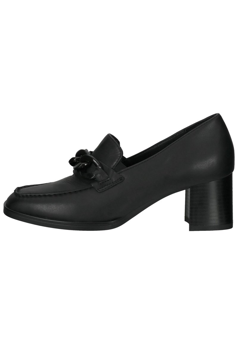 Chaussure à talons en cuir noir avec un bout arrondi, un accent de nœud décoratif sur le dessus et un talon en bloc texturé. Fini lisse.