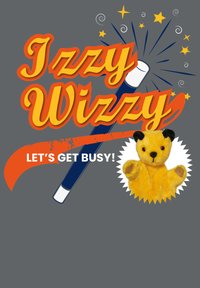 Gul dukke med sorte detaljer ved siden af teksten "Izzy Wizzy Let's Get Busy!" på en grå baggrund, med lyse farver og legende designelementer.
