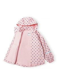 Veste rose clair avec des pois navy, capuche et poignets élastiques. Dispose d'une fermeture éclair à l'avant et de poches latérales. Texture douce et lisse.