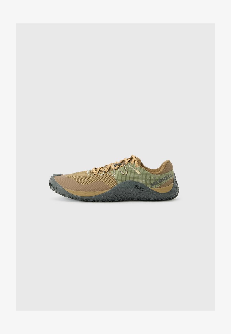 Lightweight athletic shoe in green and brown mesh with textured rubber sole. Features contrasting laces and "Vibram" branding on side.
