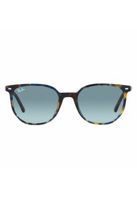 Occhiali da sole Ray-Ban con montatura tartarugata, dettagli blu e ambra, lenti blu sfumate e design a occhio di gatto.
