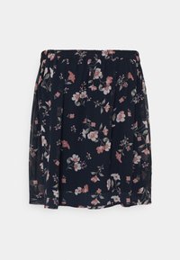 Falda floral en azul marino con flores rosas y blancas, que cuenta con una cinturilla fruncida y una tela ligera y fluida.