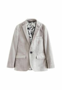 Blazer gris claro de tejido suave, con un interior de patrón negro, dos bolsillos frontales y cierre de un solo botón.