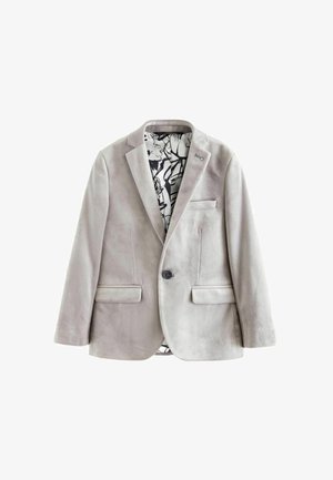 Svjetlosiva blazerica izrađena od mekanog materijala, s crno uzorkovanim unutrašnjim dijelom, dva prednja džepa i jednim gumbom za zatvaranje.