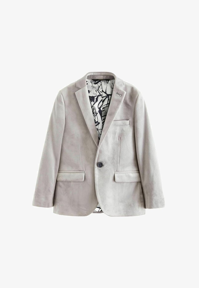 Blazer grigio chiaro realizzato in tessuto morbido, con un interno a motivo nero, due tasche frontali e chiusura con un solo bottone.