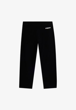 Leggings negros recortados con una cintura elástica y el logo blanco "FREDDY" en la parte superior izquierda.