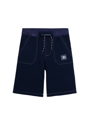 Navy blue casual shorts with front pockets, drawstring waistband with "BUGATTI" text, and small logo patch on the right pocket.
