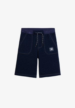 Navy blue casual shorts with front pockets, drawstring waistband with "BUGATTI" text, and small logo patch on the right pocket.