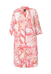 Blommönstrad klänning med mandarin-krage. Tillverkad av lättviktigt tyg, med rosa, orange och vita färger samt stora blommönster.