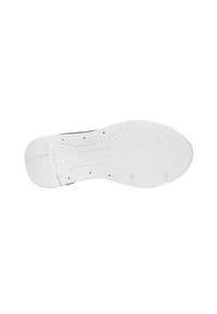 Schwarze Sneaker mit einer weißen Gummisohle, ausgestattet mit einem strukturierten Fischgrätmuster und runder Zehenpartie, entworfen für Grip und Langlebigkeit.