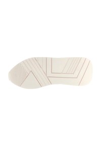 Sola di scarpa bianca con grip texturizzati e motivo geometrico. Superficie liscia con linee in rilievo e un dettaglio triangolare su un lato.