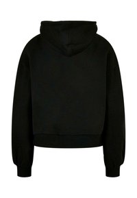 Zwarte cropped hoodie met een V-hals, lange mouwen, elastische manchetten en zoom, gemaakt van een zachte, getextureerde stof. Geen zichtbare logo's of patronen.