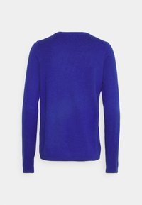 Pull à manches longues, bleu royal uni, à col rond, vu de dos sur un fond blanc uni.