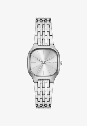 Reloj de pulsera Skagen Denmark de tono plateado con esfera cuadrada, esfera minimalista y pulsera de metal enlazada, mostrando la hora 10:10:37.