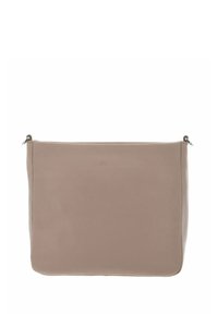 Borsa a tracolla in pelle testurizzata beige con design minimalista, angoli inferiori arrotondati e anelli in metallo argento agli angoli superiori per una tracolla.