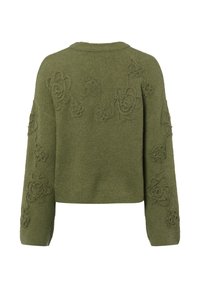 Olivgrüner, kurz geschnittener Pullover mit langen Ärmeln, mit strukturierter Blumenstickerei an Schultern und Rücken, gefertigt aus weichem Strickmaterial.