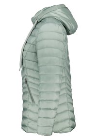 Veste matelassée légère verte claire avec capuche et poche zippée sur le côté, vue de profil.