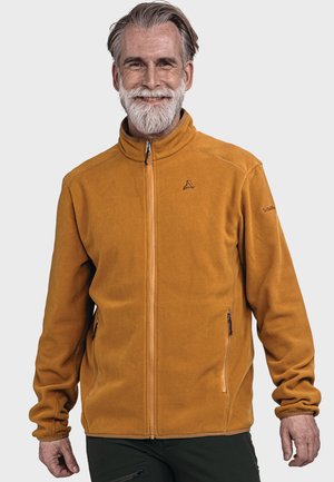 Fleecejacke in verbranntem Orange mit hohem Kragen, durchgehendem Reißverschluss, seitlichen Taschen mit Reißverschluss und Logo-Akzent auf der Brust und dem Ärmel.