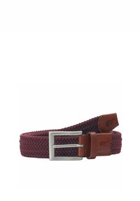Geflochtener bordeauxfarbener Gürtel mit einer silbernen Metallschnalle, der braune Lederelemente und ein strukturiertes gewobenes Design aufweist.