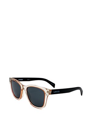 Occhiali da sole con montatura frontale marrone traslucida e aste nere, lenti scure e logo Levi's sulle aste.