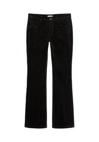 Zwarte corduroy broek met een flare-design, voorzien van een knoopsluiting aan de voorkant, riemlussen en zakken aan de voorkant. De stof heeft een zachte, gestructureerde afwerking.
