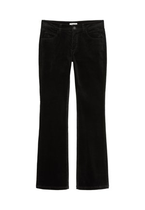 Schwarze Cordhosen mit einem ausgestellten Design, mit Knopfverschluss, Gürtelschlaufen und Fronttaschen. Der Stoff hat eine weiche, strukturierte Oberfläche.