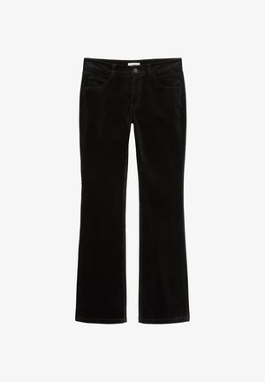Zwarte corduroy broek met een flare-design, voorzien van een knoopsluiting aan de voorkant, riemlussen en zakken aan de voorkant. De stof heeft een zachte, gestructureerde afwerking.