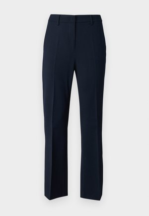Pantalons taillés bleu marine avec une texture lisse, présentant une coupe classique, des jambes droites et des plis marqués à l'avant.