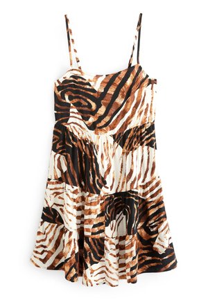 Robe sans manches avec fines bretelles et jupe ample, avec un motif abstrait audacieux inspiré du zèbre en marron, noir et blanc.