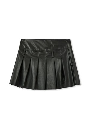 Gonna nera plissettata in ecopelle, caratterizzata da una texture liscia e una vita strutturata con dettagli laterali per una vestibilità sicura.