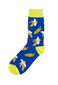 Blaue Socken mit einem Muster aus gelben Bananen und weißen Blumen, mit einem limegrünen gerippten Bund und Zehenakzenten. Weicher Stoff.
