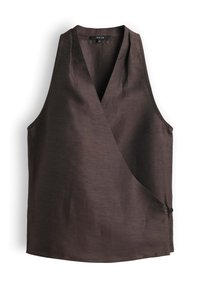 Sleeveless dark brown wrap vest with V-neck and side button closure, size 36, displayed on white background.