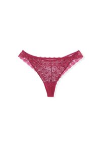 Red lace bikini-style women's underwear with floral and geometric patterns on a white background.