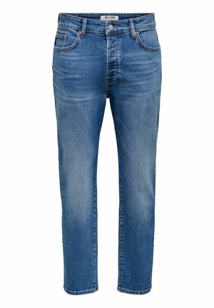 Sinised sirge lõikega teksapüksid esiknappide, luku, vööaugude ja viie taskuga, brändilogo vöökohal.