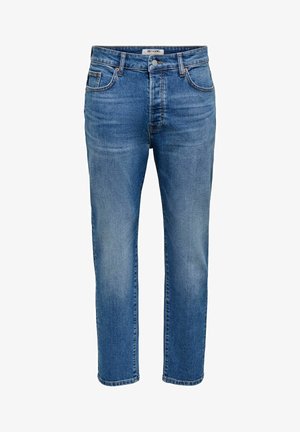 Sinised sirge lõikega teksapüksid esiknappide, luku, vööaugude ja viie taskuga, brändilogo vöökohal.