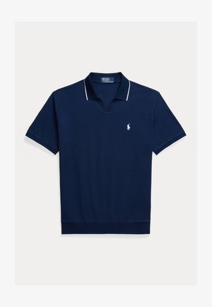 Tamnoplava polo majica od pamuka, s V-izrezom, kratkim rukavima, bijelim obrubom na ovratniku i rukavima, s malim logotipom na prsima.